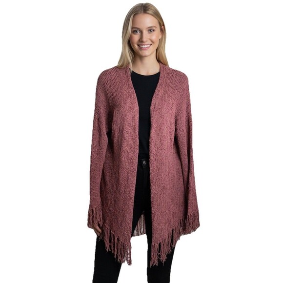Very J Fringe Open Cardigan Women's Large Mauve Boho Chunky Knit Sweater Western - Picture 1 of 11